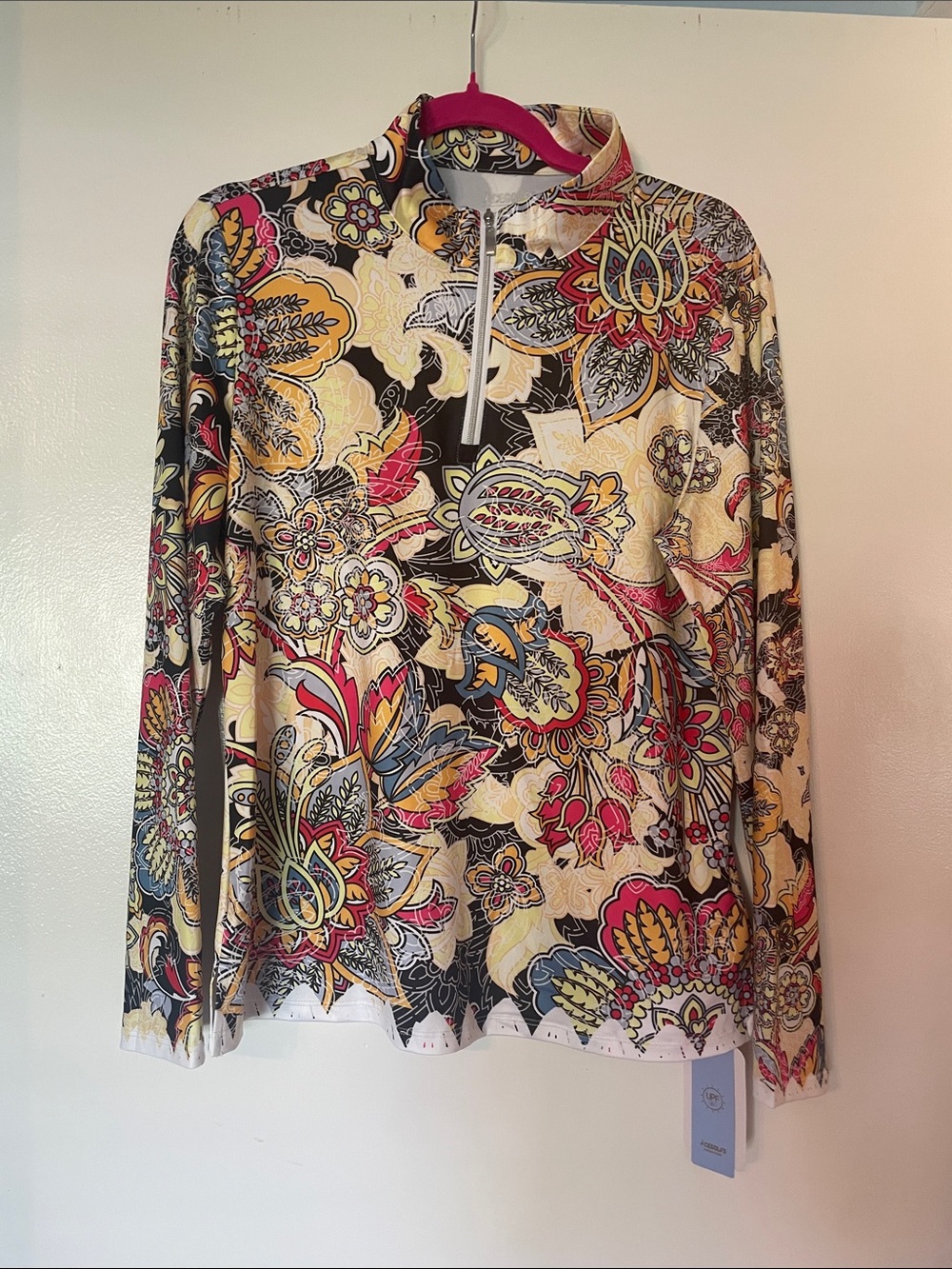 Floral Zip-Neck Long Sleeve Top - Multicolor